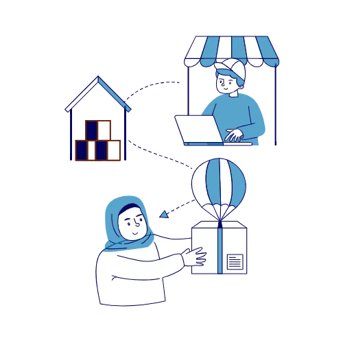 Sequence of online shopping and delivery: person at laptop, house with boxes, person receiving package